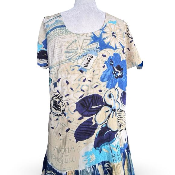 Jams World Hattie Dress Passport Blue Art Print Scoop Neck Tiered Hem Hawaiian - Picture 5 of 12
